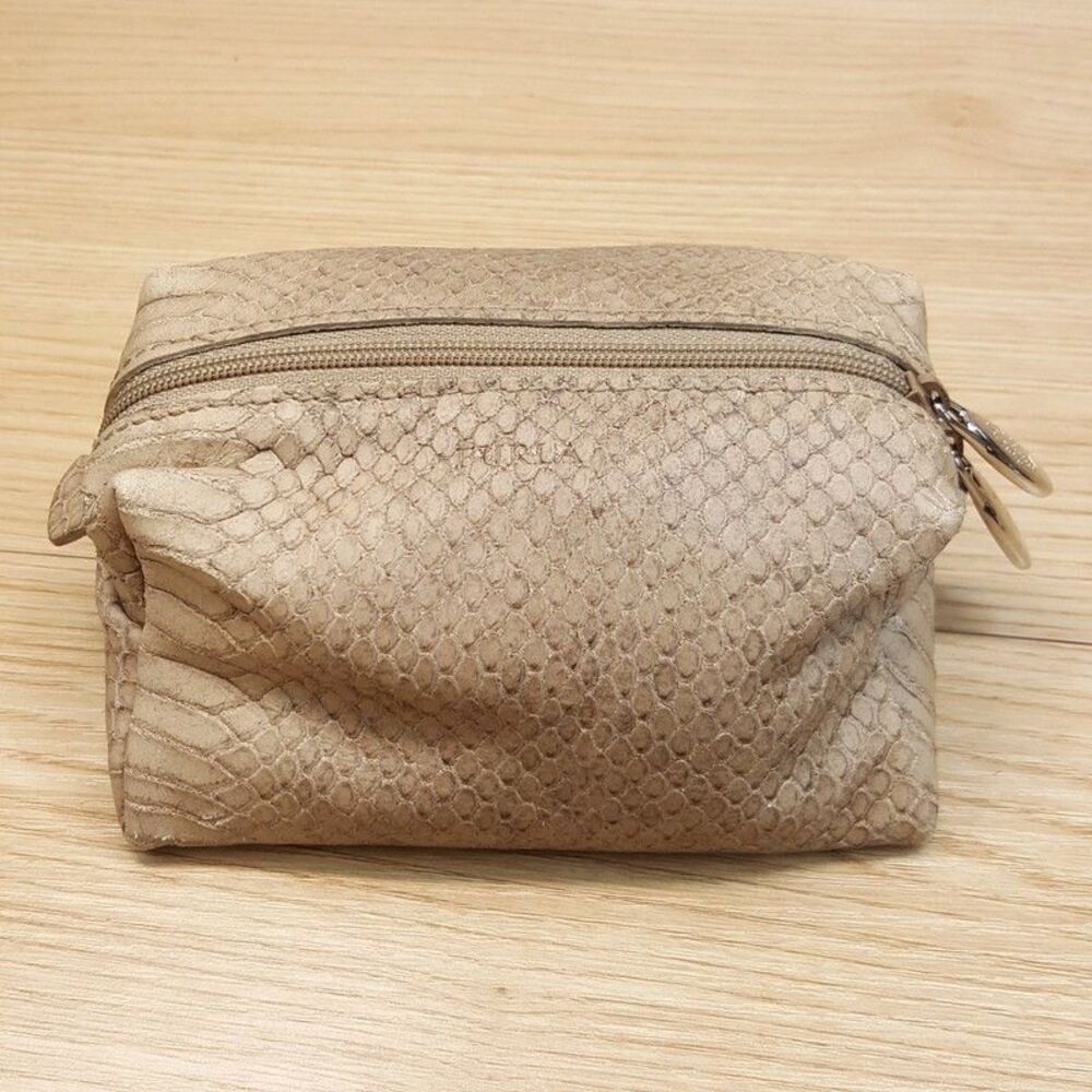 FURLA Small Leather Cosmetic Makeup Bag Taupe Snakeskin Embossed Zip Pouch